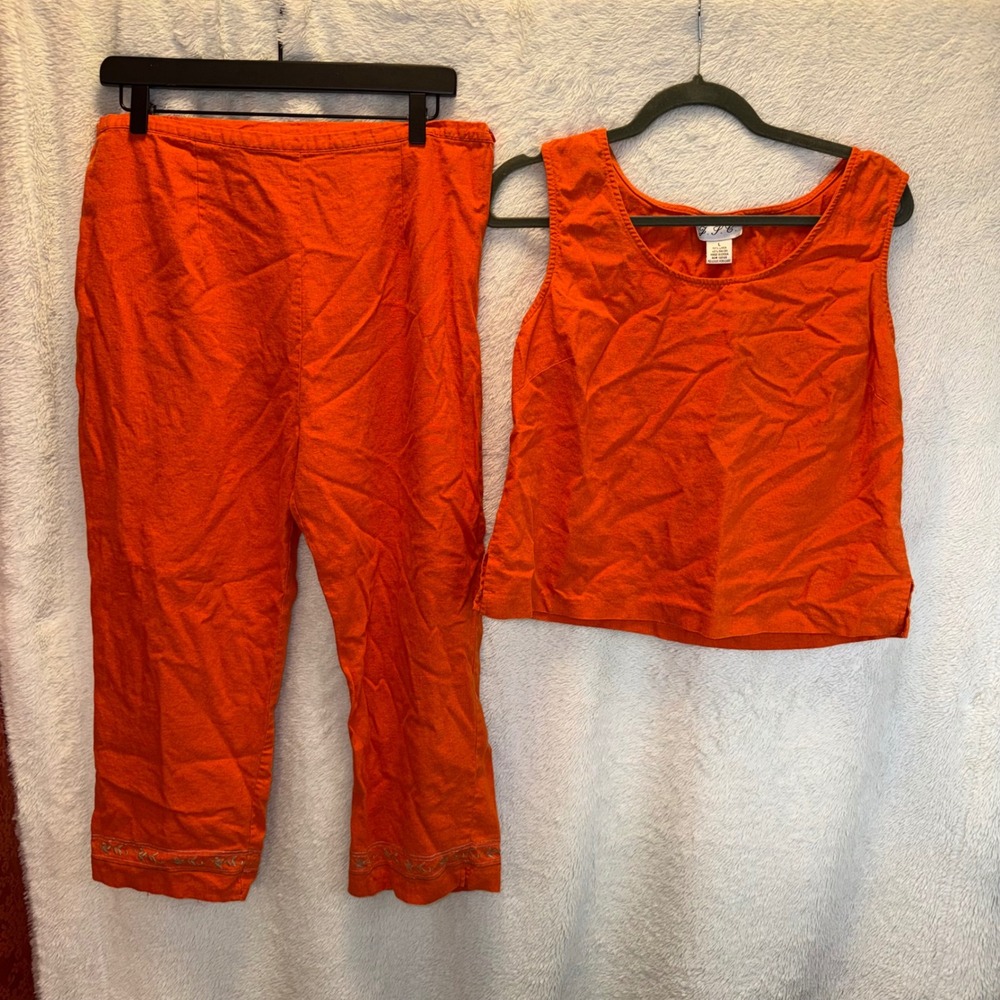Orange Linen Blend 2 Piece Set Embroidered Crop Pants & Tank Top Large Coastal